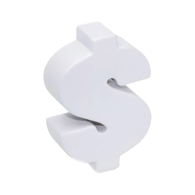 A white stress dollar sign shaped product with a smooth finish, designed for relaxation and fun.