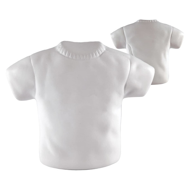 A white stress T-shirt shaped stress reliever, displayed from two angles. It features a simple design and has a logo.