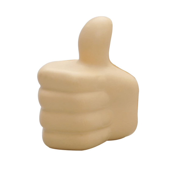 A beige stress relief thumb shaped product with a solid design. It features a logo on its surface.