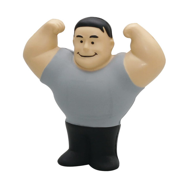 A stress ball figure of a muscular man with a grey shirt and black pants, smiling and flexing his arms.