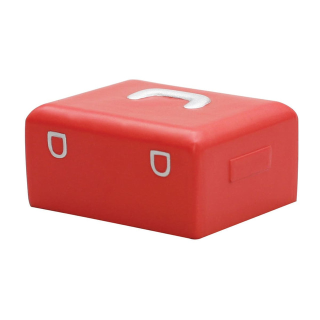 A red stress relief tool box shaped like a mini toolbox, featuring white detailing and a branding logo.