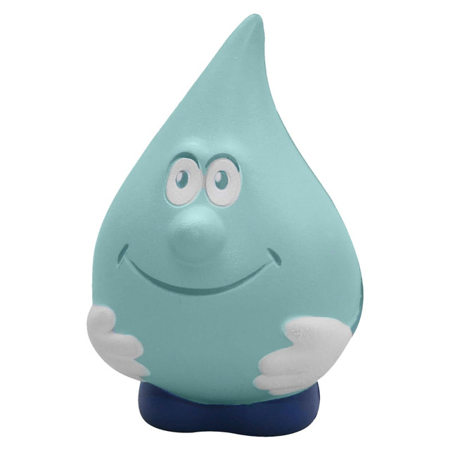 A teal stress toy shaped like a water drop with a smiling face and white hands, sitting on a blue base.
