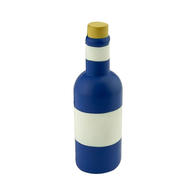 A drink bottle shaped like a wine bottle, featuring blue and white stripes with a gold-coloured top.
