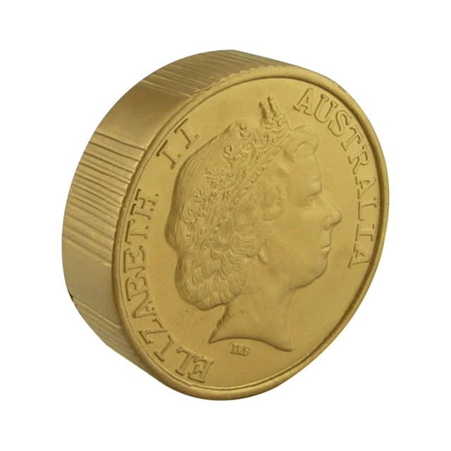 A gold stress coin featuring a raised profile of a queen, displayed at an angle with ribbed edges.