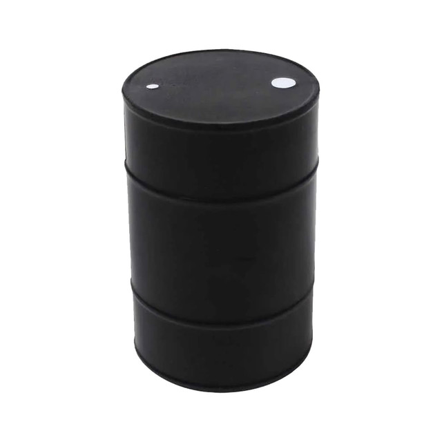 A black stress oil drum featuring a cylindrical shape with two circular details on top and a branded logo.