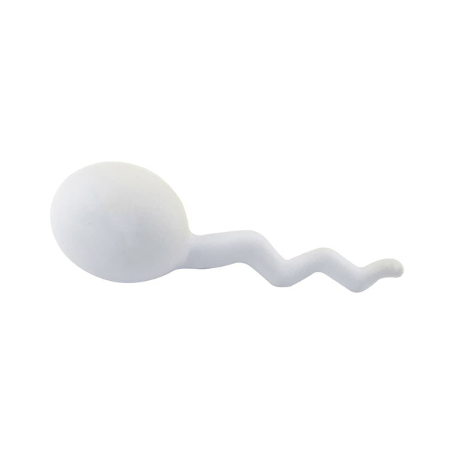 A novelty stress relief toy shaped like a white sperm. It has a smooth, rounded head and a wavy tail.