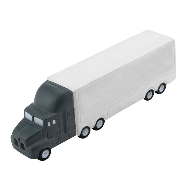 A stress toy designed as a long truck, featuring a black front and a white trailer, with wheels and details.