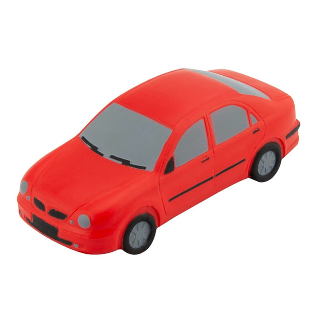 A bright red stress-reducing sedan car with grey windows and black accents, featuring a logo on the side.