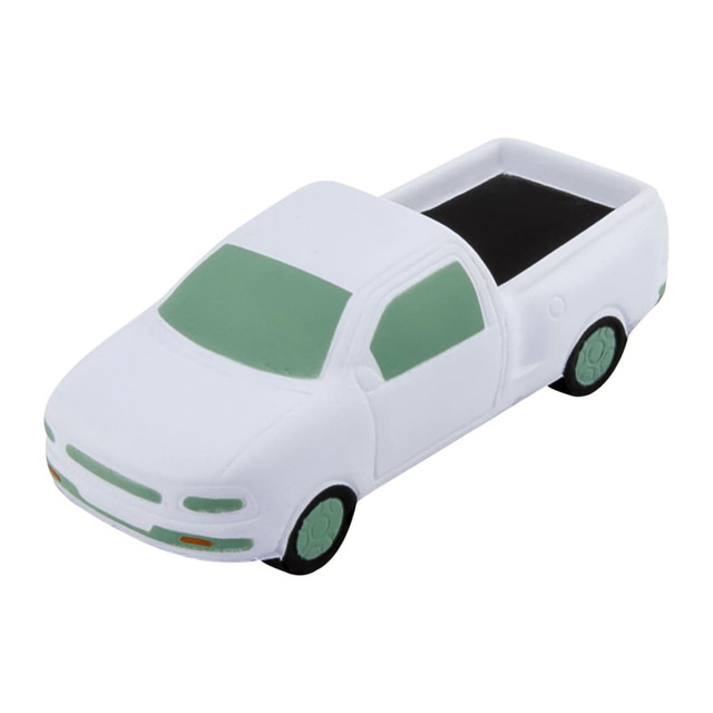 A white and green stress toy shaped like a ute, featuring a black truck bed and wheels.