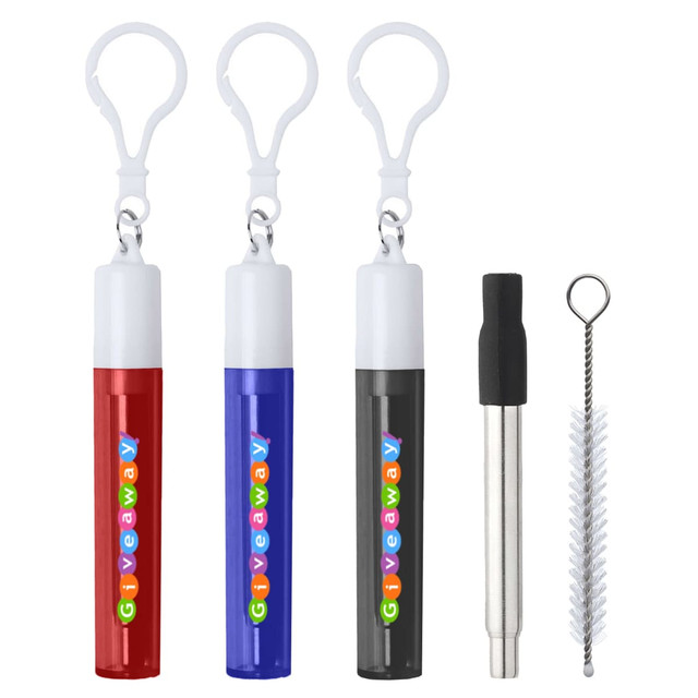 A set of three retractable metal straws in red, blue, and black, with a cleaning brush and holder.