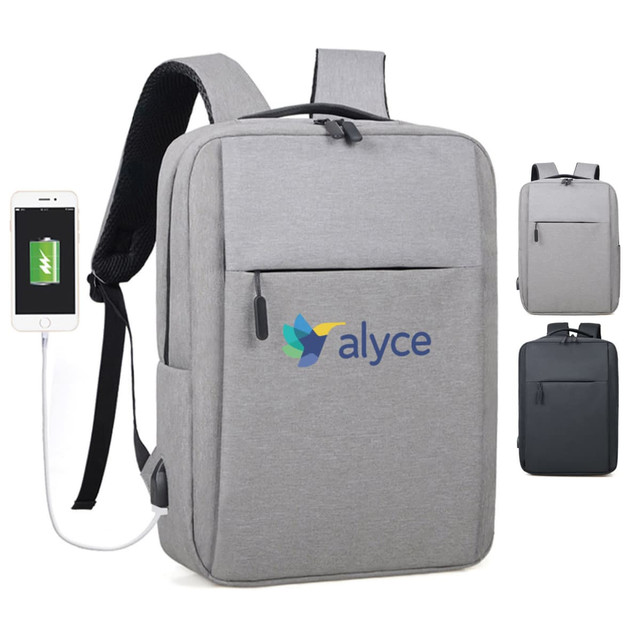 A grey backpack featuring a logo, with a front pocket and side access for charging devices.