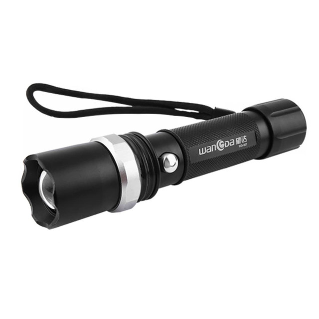 A black torch with a textured grip and metal accents, featuring a wrist strap and a circular lens. A black torch with a textured grip and metal accents, featuring a wrist strap and a circular lens.