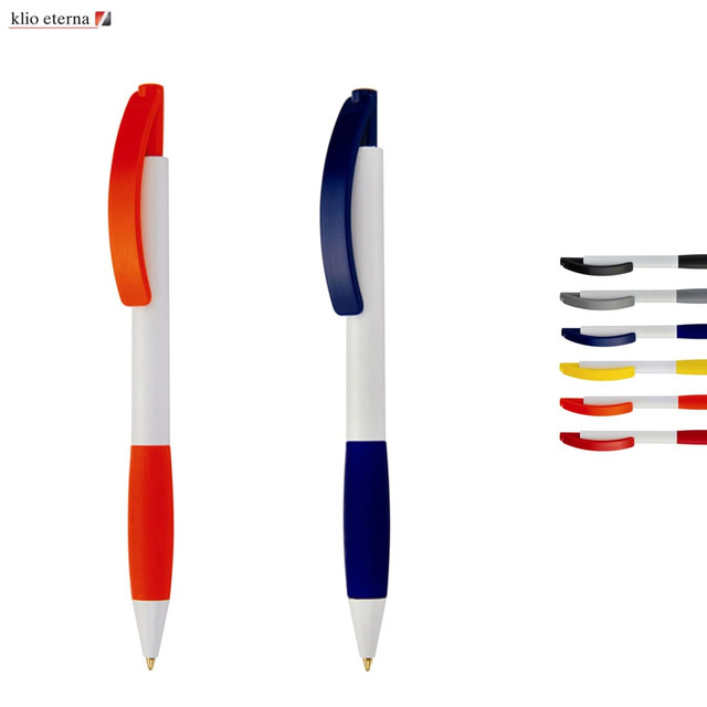 A set of plastic pens in red, blue, black, yellow, and white, featuring a logo in the corner.