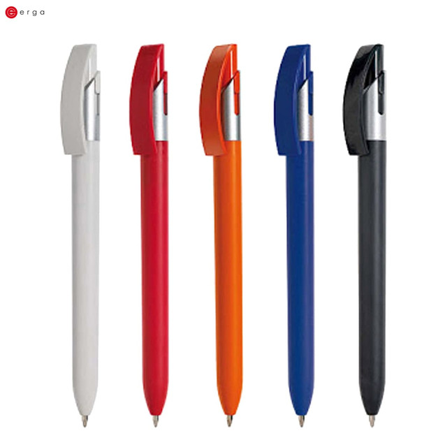 A collection of five plastic pens in white, red, orange, blue, and black, featuring a logo on each pen.
