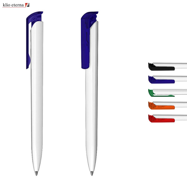 A collection of plastic pens in white with coloured clips, including blue, orange, green, black, and red. Features branding.
