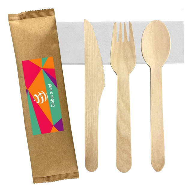 A wooden cutlery set featuring a knife, fork, and spoon, packaged in a brown wrap with a logo.