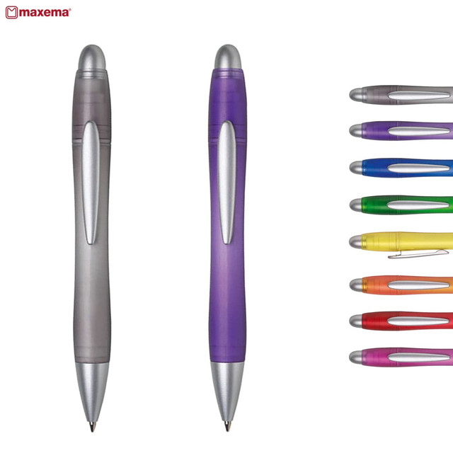 Two plastic pens in grey and purple, with a selection of nine pens in various colours lined up beside them. Each pen features a silver tip.