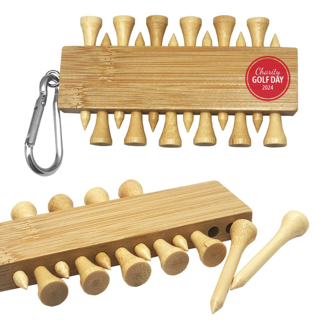 A bamboo golf tee set with a carabiner, featuring a collection of natural wood tees in a compact holder.