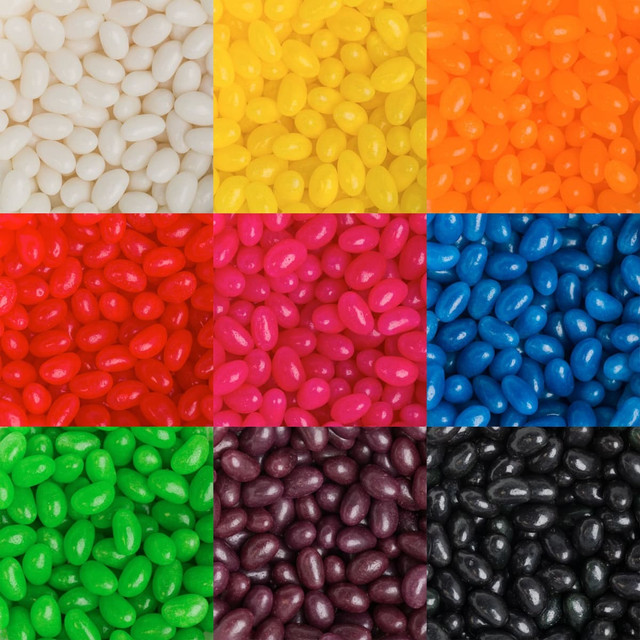 A grid of colorful jelly beans in various shades, including white, yellow, orange, red, pink, blue, green, purple, and black. A grid of colorful jelly beans in various shades, including white, yellow, orange, red, pink, blue, green, purple, and black.
