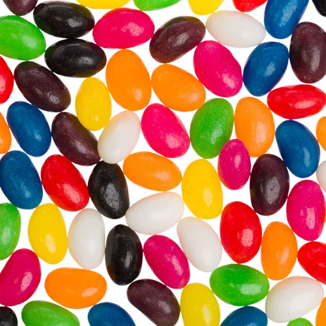Assorted jelly beans in various colors including black, blue, orange, pink, yellow, green, and white. Assorted jelly beans in various colors including black, blue, orange, pink, yellow, green, and white.