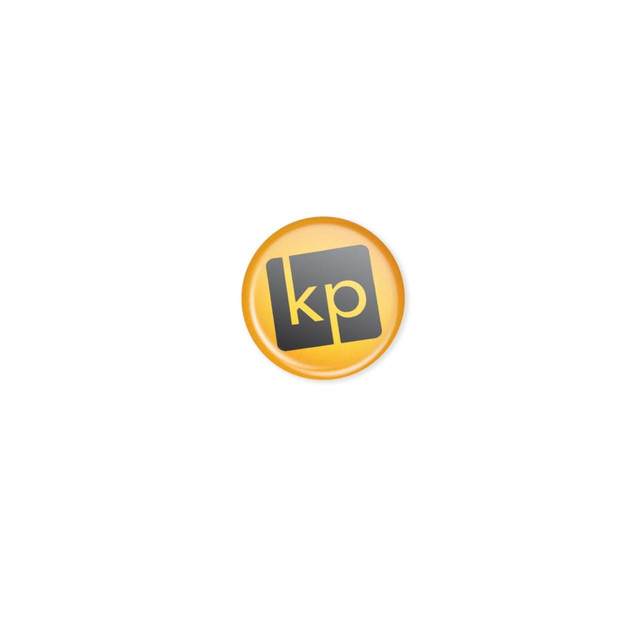 A circular resin-coated label featuring a black logo with the letters "kp" on a gold background. A circular resin-coated label featuring a black logo with the letters "kp" on a gold background.