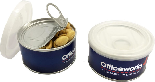 A small blue pull can containing peanuts, featuring a metal tab and a plastic lid.