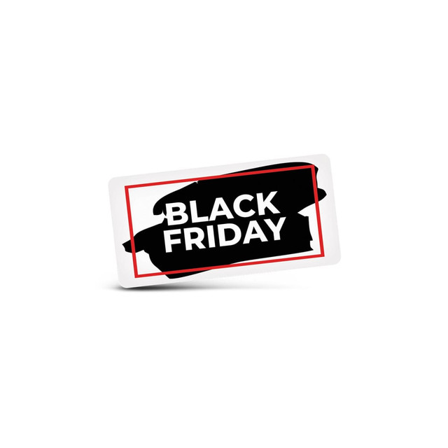 A rectangular sticker featuring a black brushstroke background with the words 'BLACK FRIDAY' in bold white text. A rectangular sticker featuring a black brushstroke background with the words 'BLACK FRIDAY' in bold white text.