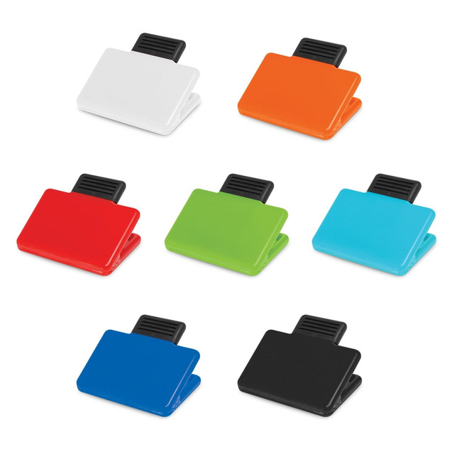 A set of Pronto Magnetic Clips in white, orange, red, green, blue, light blue, and black. Each clip has a black grip. A set of Pronto Magnetic Clips in white, orange, red, green, blue, light blue, and black. Each clip has a black grip.
