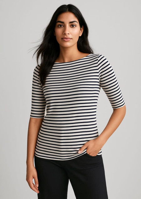 A striped women's short sleeve T-shirt in black and white, featuring a wide neckline and fitted design.