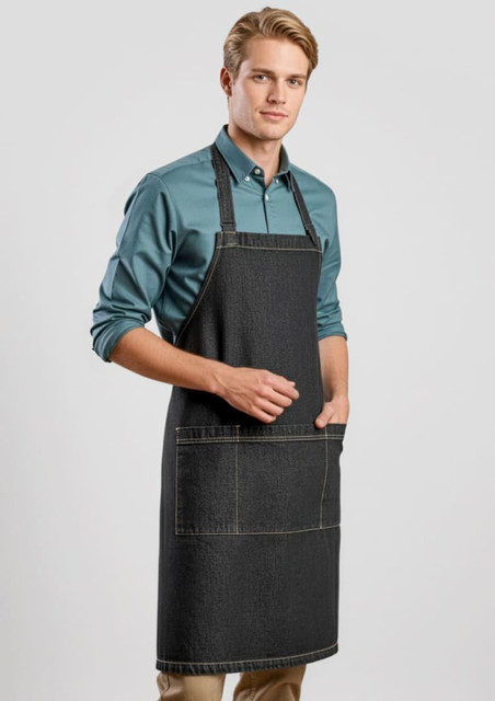 A man wearing a black denim apron with pockets, standing against a light grey background. The apron has a logo.
