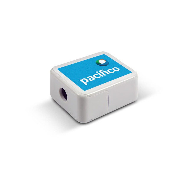 A pencil sharpener with a blue logo labeled "pacifico" on the top. A pencil sharpener with a blue logo labeled "pacifico" on the top.