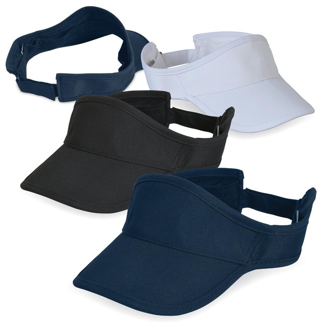 A collection of sports visors in black, navy, and white, featuring adjustable straps and a logo. A collection of sports visors in black, navy, and white, featuring adjustable straps and a logo.