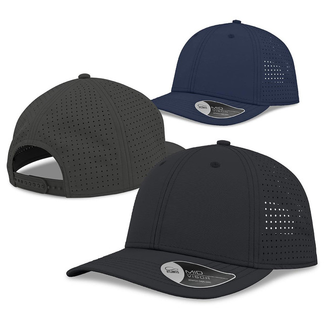 Three caps featuring a structured design in black and navy, with perforated panels and a logo on the front.