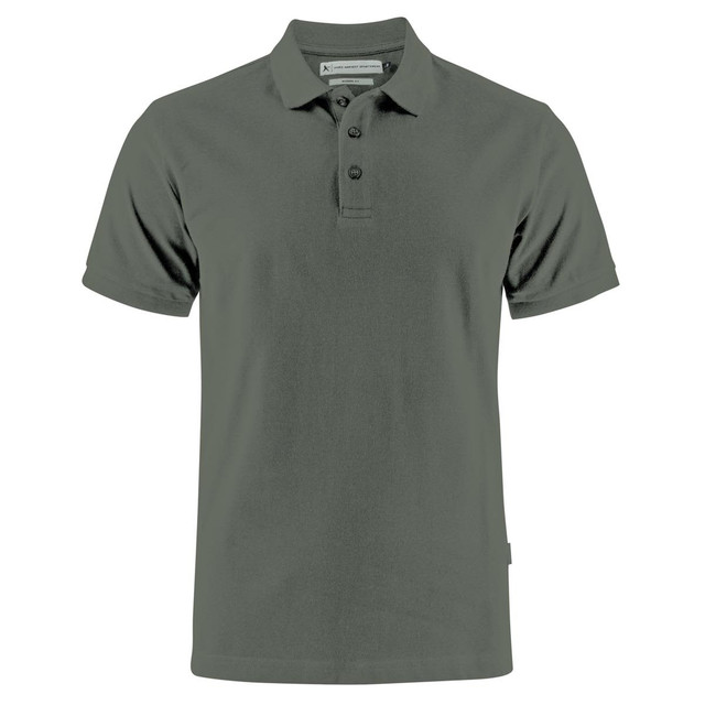 A grey men's cotton polo shirt with short sleeves, featuring a collar and buttons, and a logo on the side.