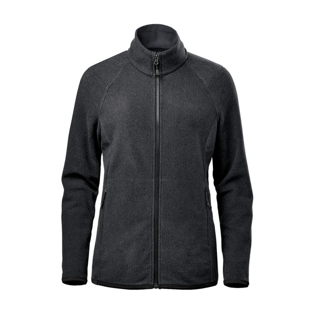 A women's full zip jacket in dark grey with a high collar and two side pockets. It features a logo.