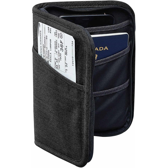 A black RFID passport wallet featuring multiple card slots and a pocket for a passport and travel documents.