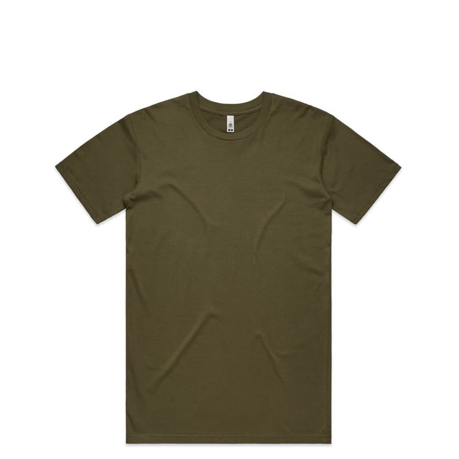 An olive green t-shirt featuring a classic crew neck design and short sleeves, with a small logo on the label.