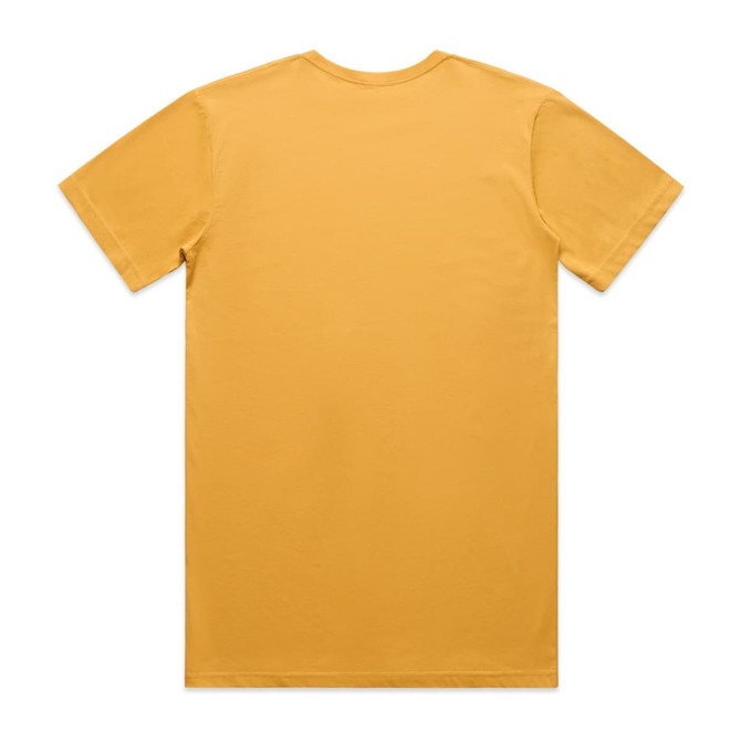 A plain yellow t-shirt with a round neck and short sleeves, featuring a logo on the back.