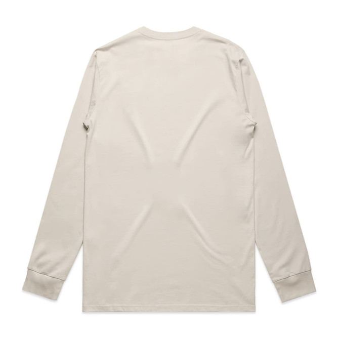 A long-sleeved beige t-shirt, featuring a crew neck and fitted cuffs. The back is plain with no designs.