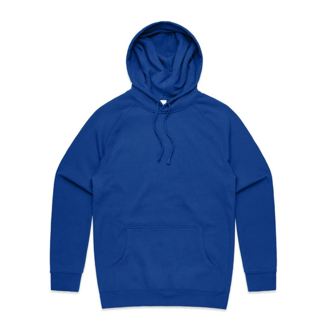 A blue hoodie with a front pocket and an adjustable hood, featuring a logo.