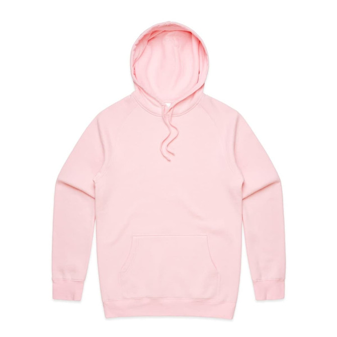 A pink hoodie with a front pocket and a hood, featuring a logo on the chest area.