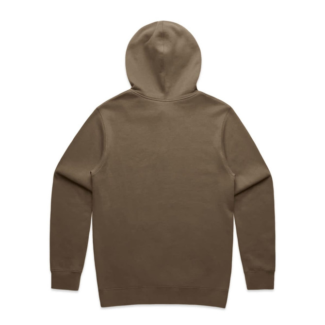 A brown hoodie with a hood, featuring a plain back design. It includes a logo at the base.