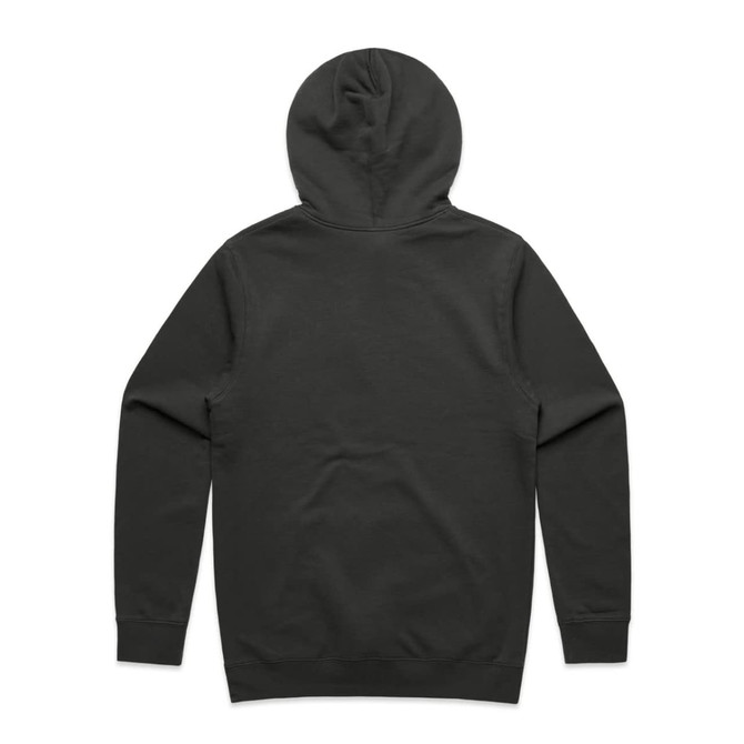 A dark grey hoodie featuring a hood and long sleeves, showcasing a plain back view.