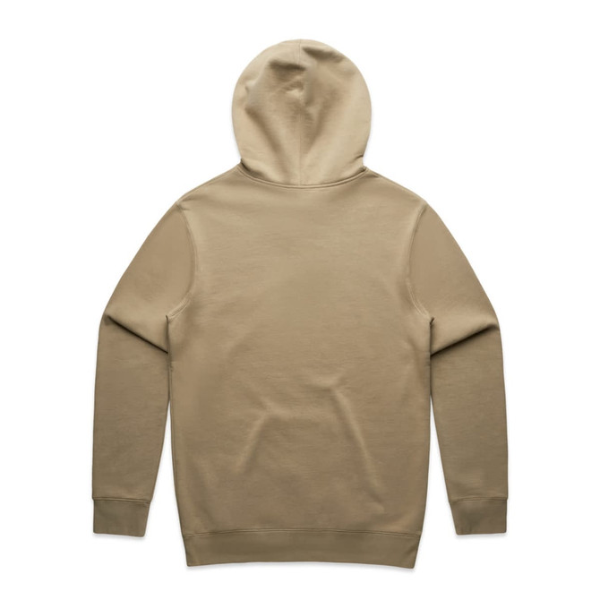 A brown hoodie with a hood, featuring a plain back design and fitted cuffs. It has a logo near the neckline.