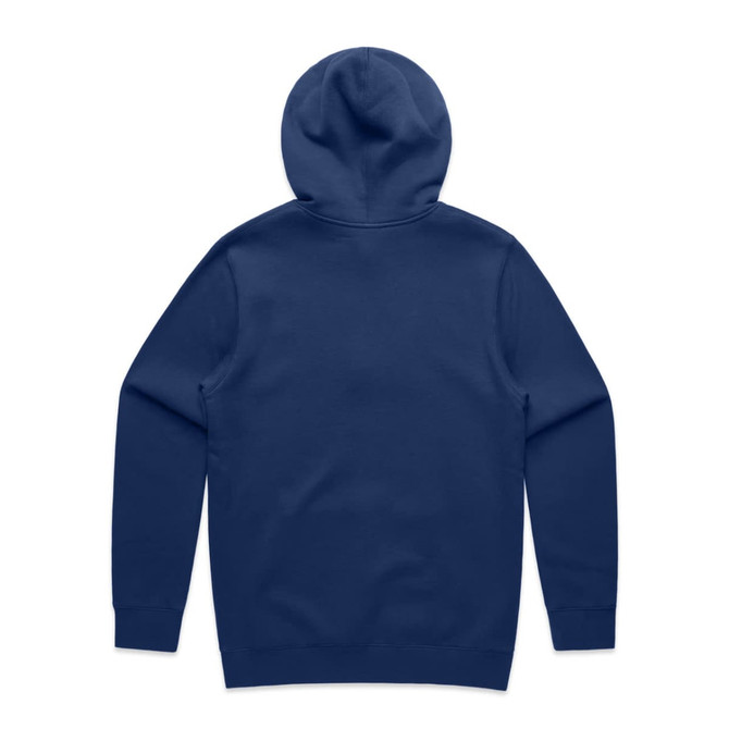 A navy blue hoodie with a hood and long sleeves, featuring a plain back and ribbed cuffs.