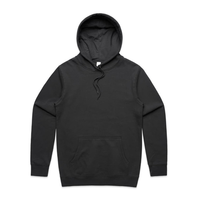 A dark grey hoodie with a front pocket and an adjustable drawstring hood. It features a logo.