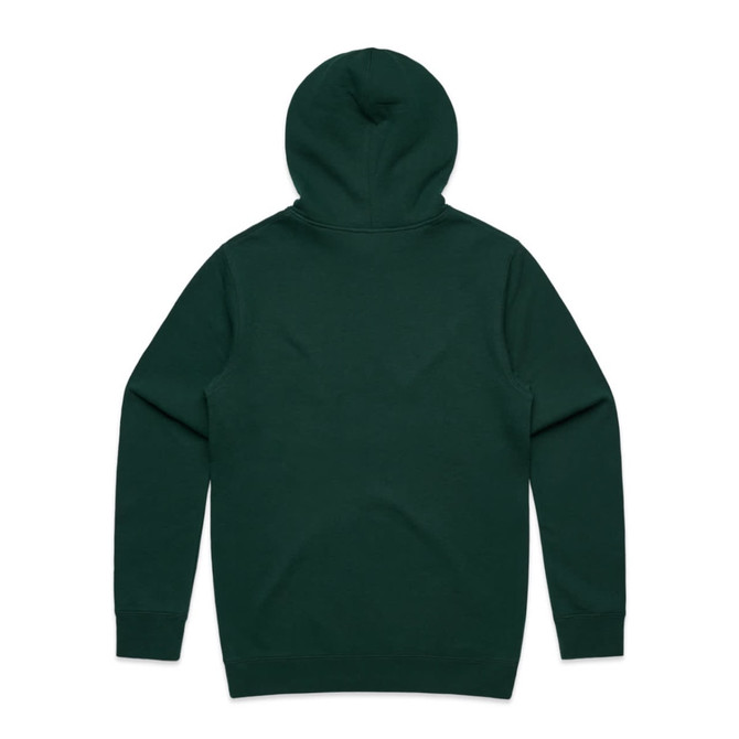 A green hoodie with a hood and long sleeves, featuring a logo on the back.