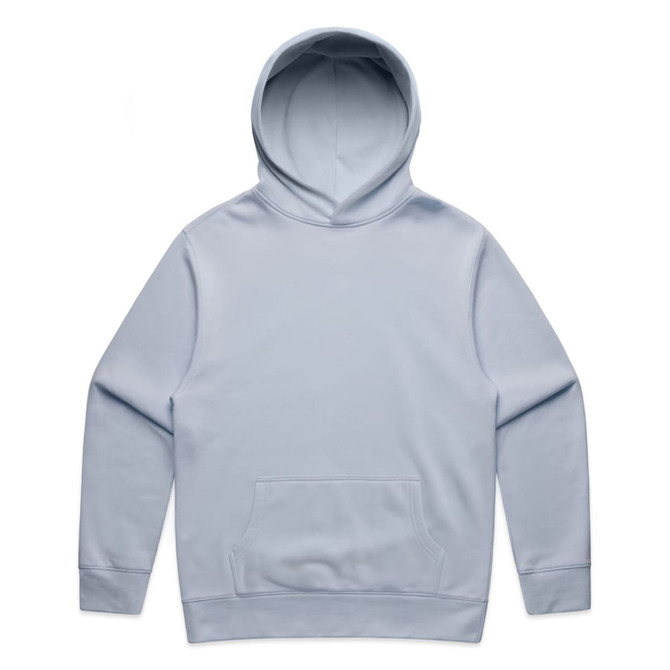 A light blue hoodie featuring a front pocket and a hood. It includes a logo but no visible text.