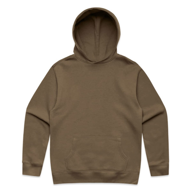 A brown hoodie featuring a front pocket and a drawstring hood. It has a logo on the front.
