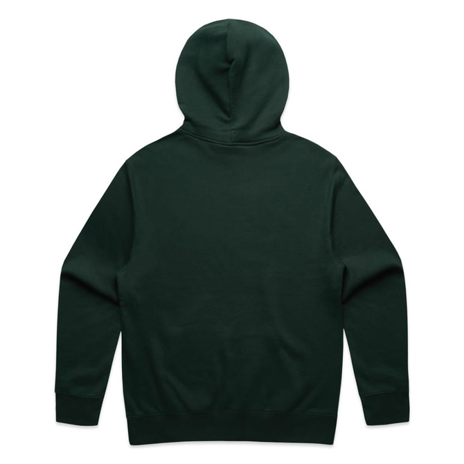 A dark green hoodie with a back view, featuring a hood and long sleeves. It has a logo on the back.